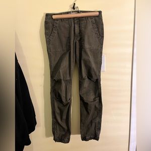 Cargo pants, 25” inseam, zippered elastic cuffs, 9” rise, never worn